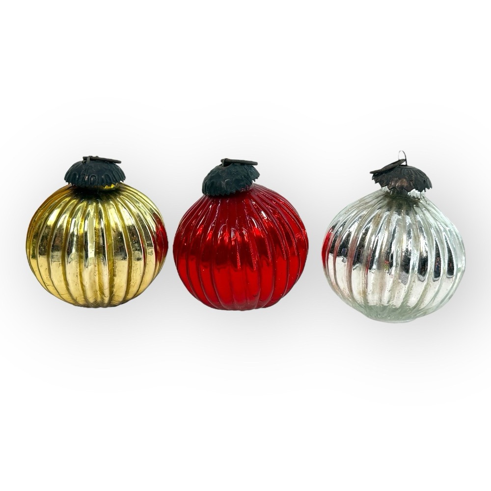 VTG Mercury Glass Kugel Style Ornaments Set 3 Ribbed Balls Red Gold Silver 3"